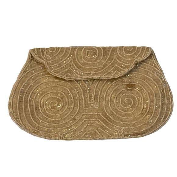Vintage Handbags - Vintage Dormar Cream Beaded Sequin Clutch Purse Evening Bag Handbag